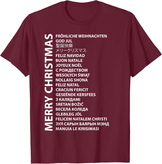 Best Happy Christmas Day Wish Gift Merry Christmas In Different Country Language Travel Lover T-Shirt - T-Shirt | Maroon
