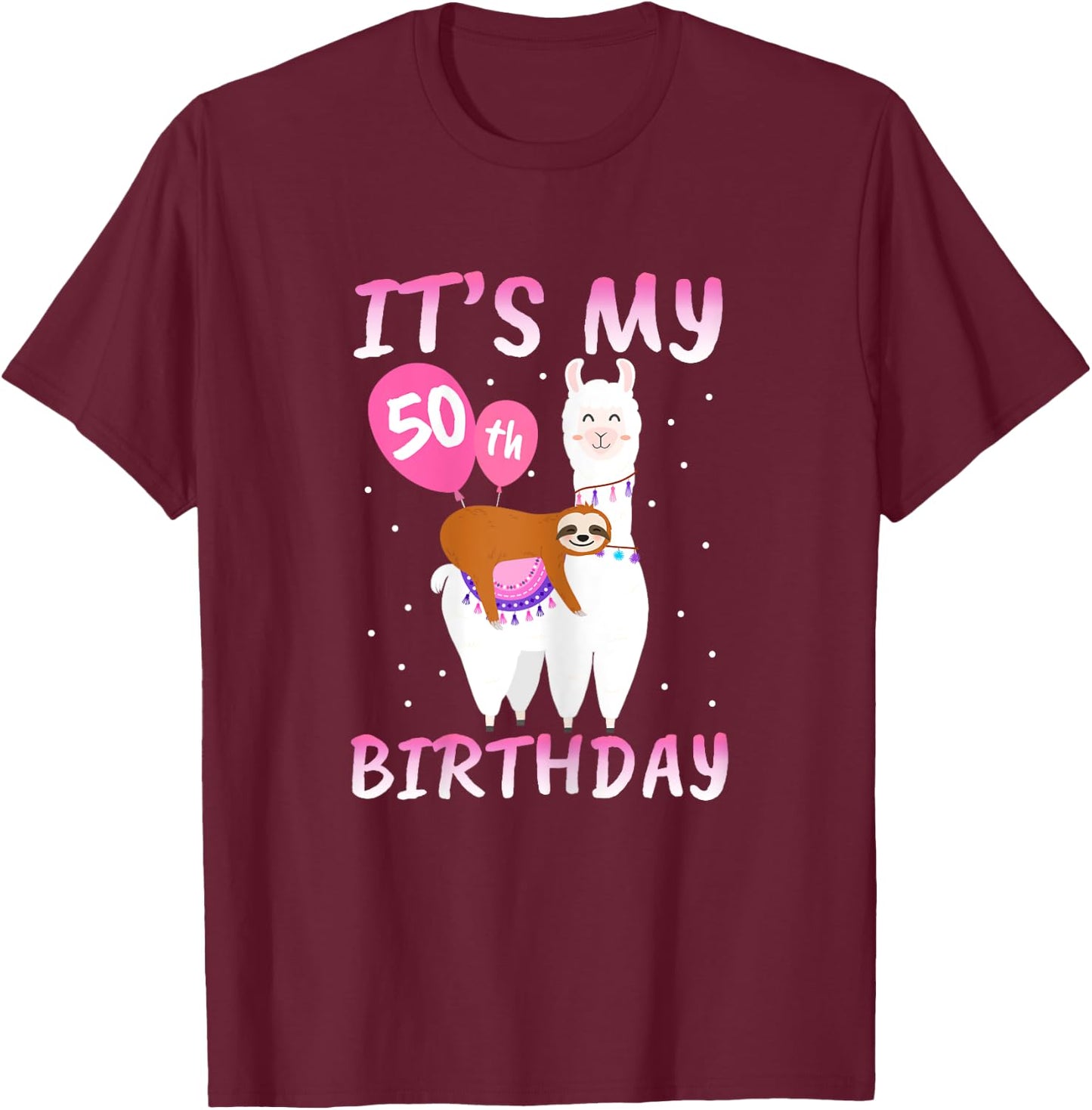 50 Years Old 50th Birthday Llama Sloth Gift T-Shirt - T-Shirt | Maroon