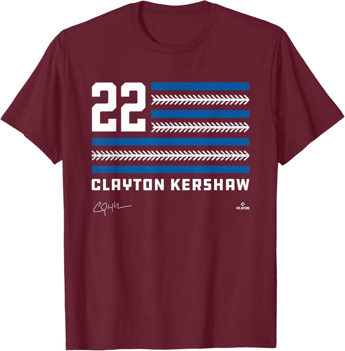 Flag Stripes Clayton Kershaw Los Angeles Baseball MLBPA T-Shirt - T-Shirt | Maroon
