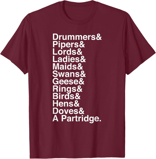 12 Days of Christmas Helvetica List T-Shirt - T-Shirt | Maroon