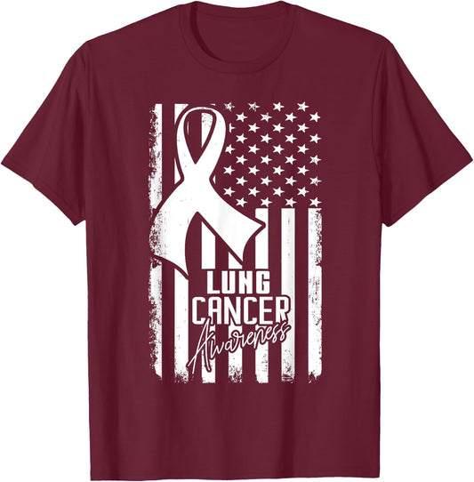 Lung Cancer Awareness American Flag White Ribbon Women Kids Men T-Shirt - T-Shirt | Maroon