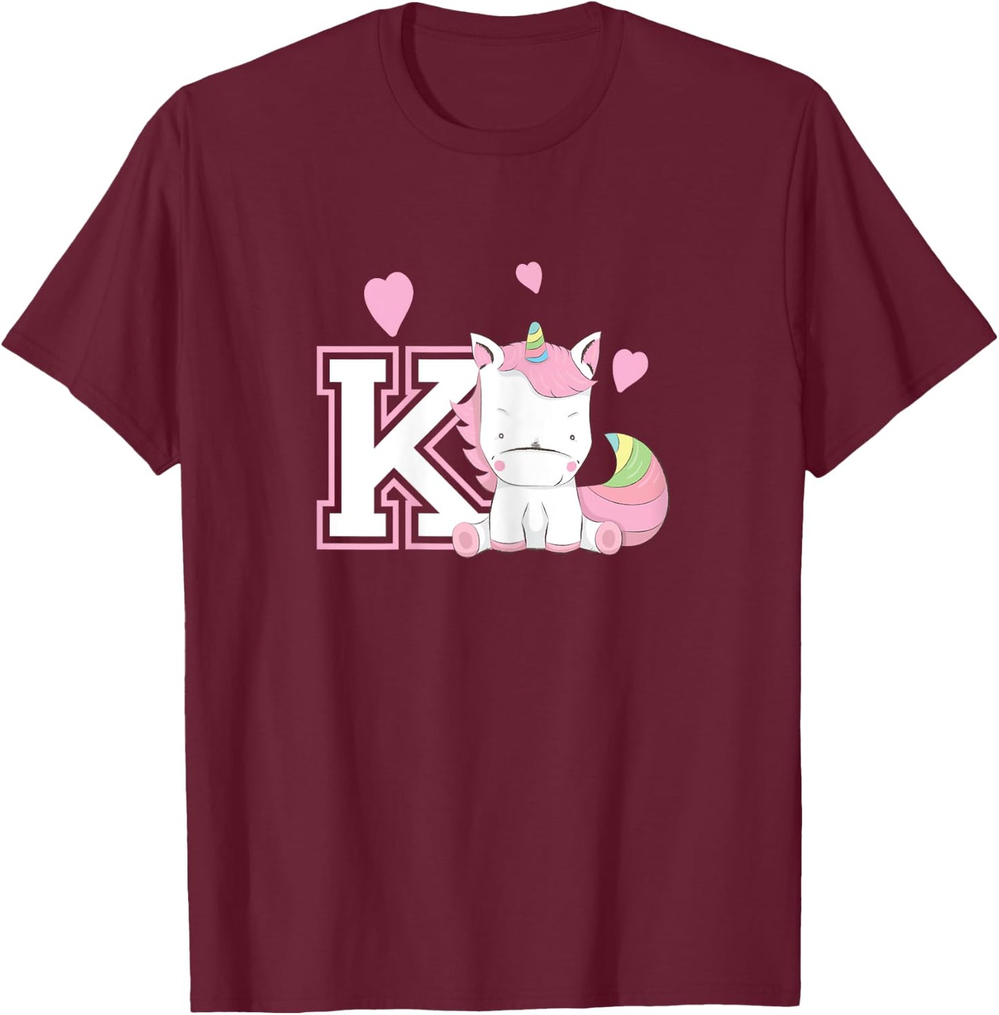 Letter K Monogram Girls Unicorn Gift T-Shirt - T-Shirt | Maroon