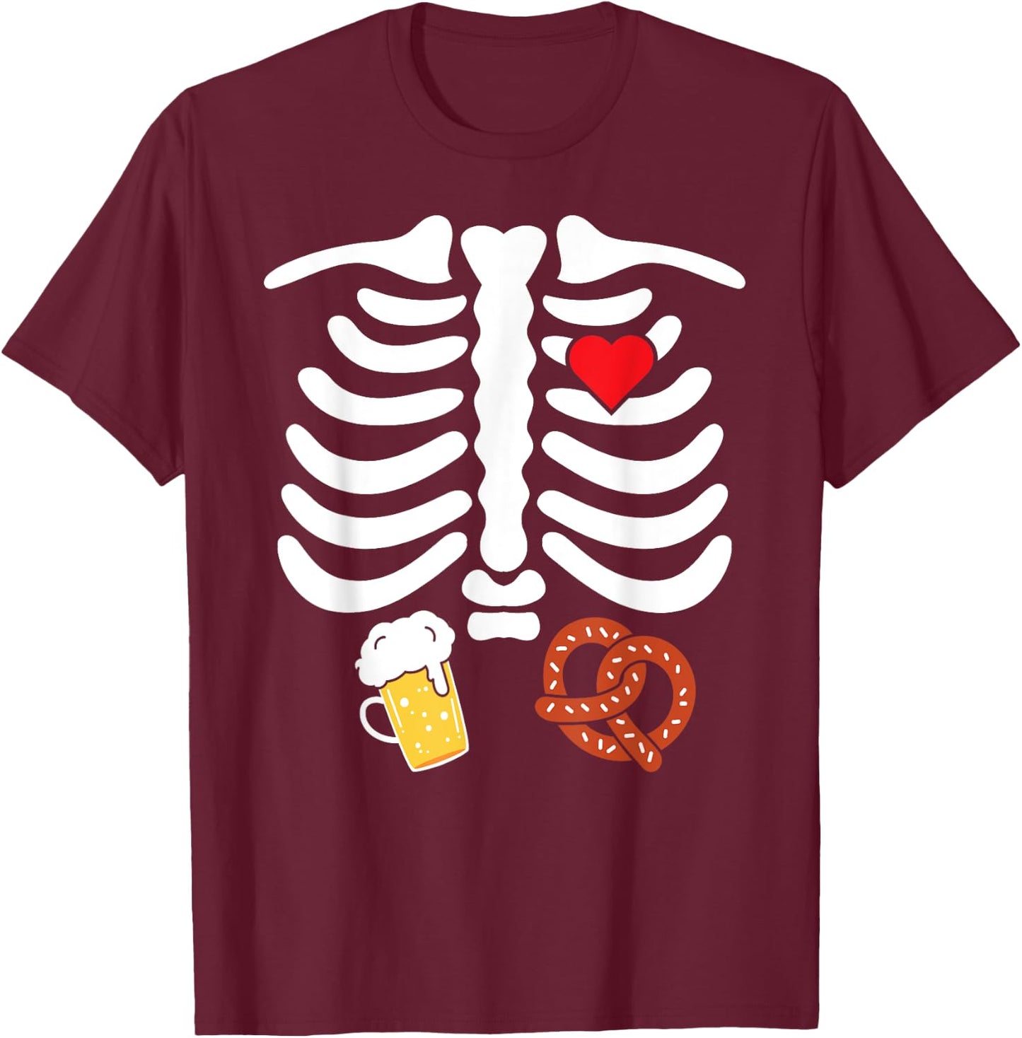 Halloween Skeleton Food Belly Beer Pretzel T Shirt T-Shirt - T-Shirt | Maroon