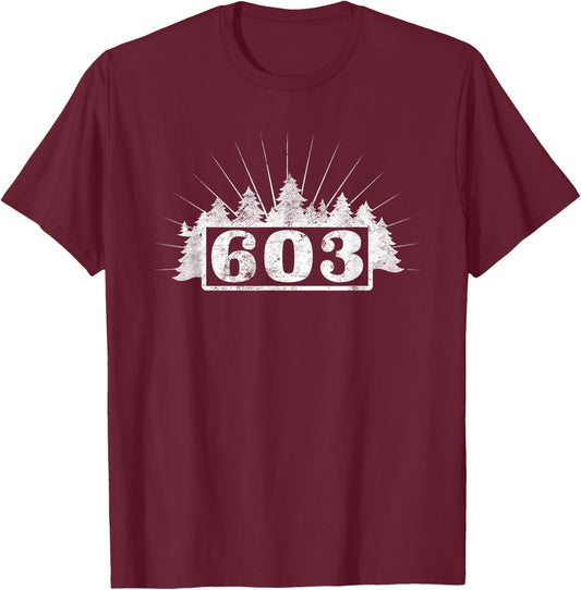 Live Free 603 603 Area Code Tree Distressed Adult Black Small Classic Fit Short Sleeve T-Shirt - T-Shirt | Maroon