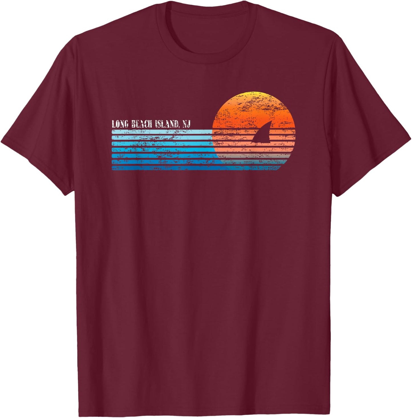 Vintage Long Beach Island, NJ Retro 80s Shark Fin Sunset Women T-Shirt - T-Shirt | Maroon