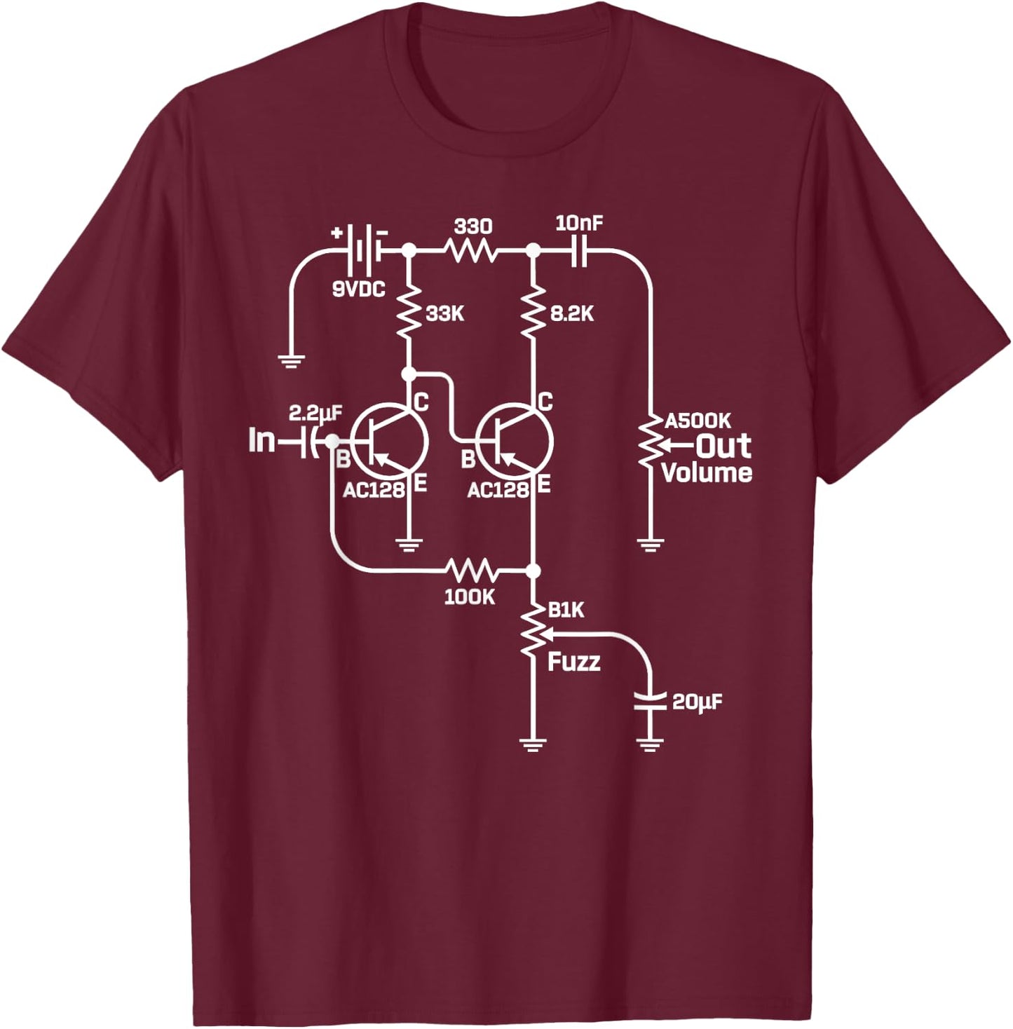 Fuzz Pedal Boutique Handwired Schematic Circuit T-Shirt - T-Shirt | Maroon