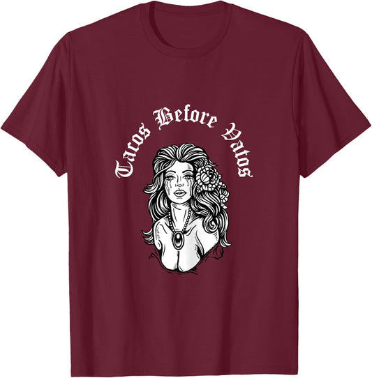 Proud Chingona Club Tacos before Vatos Chola - Women's X-Small Black Short Sleeve Classic Fit Cotton 65% Polyester 35% Retro Graphic Blended Fabric T-Shirt - T-Shirt | Maroon