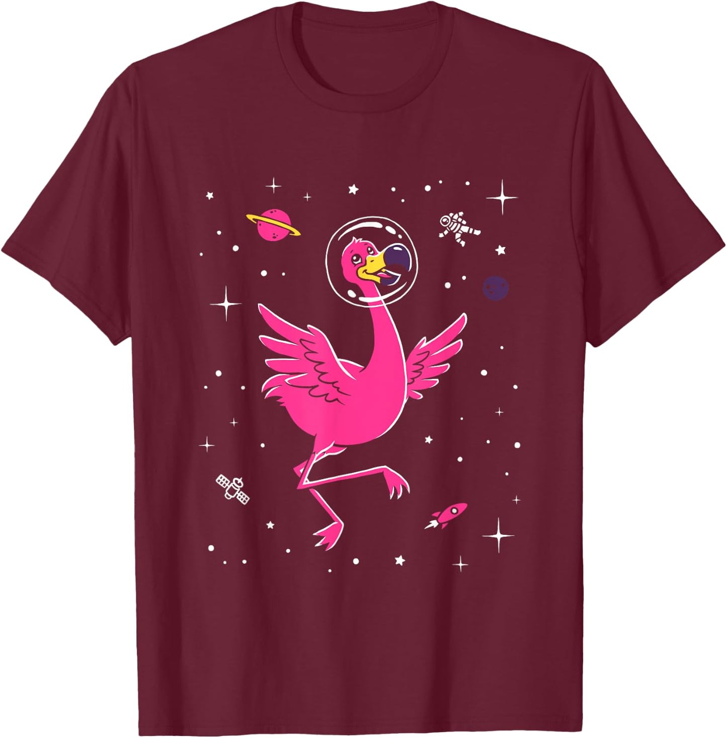 Flamingo In Space - Cute Cartoon Bird T-Shirt - T-Shirt | Maroon