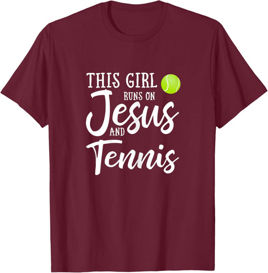 This Girl Runs On Jesus And Tennis Shirt Christian Gift T-Shirt - T-Shirt | Maroon