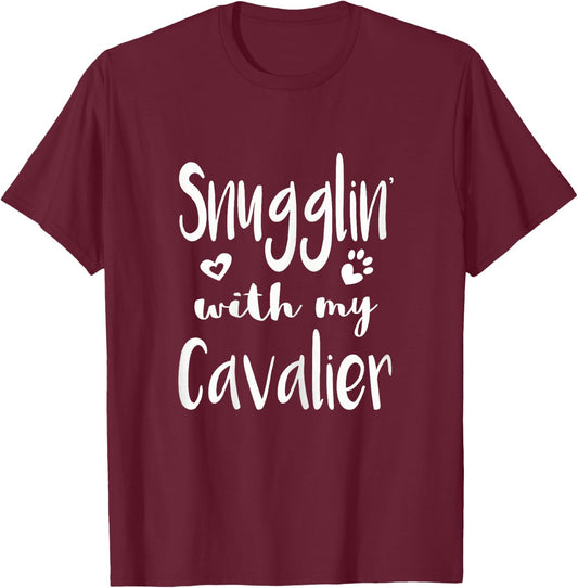 Snuggling with my Cavalier Spaniel Shirt - Dog Mom pajamas T-Shirt - T-Shirt | Maroon