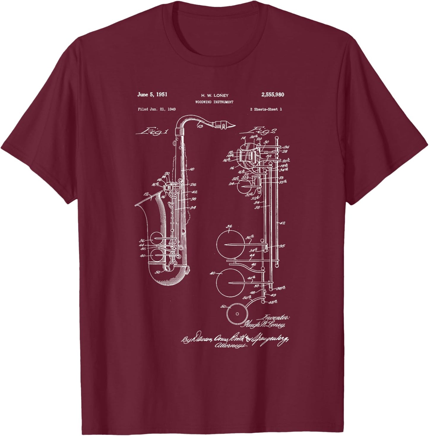 Saxophone Patent T-Shirt - T-Shirt | Maroon