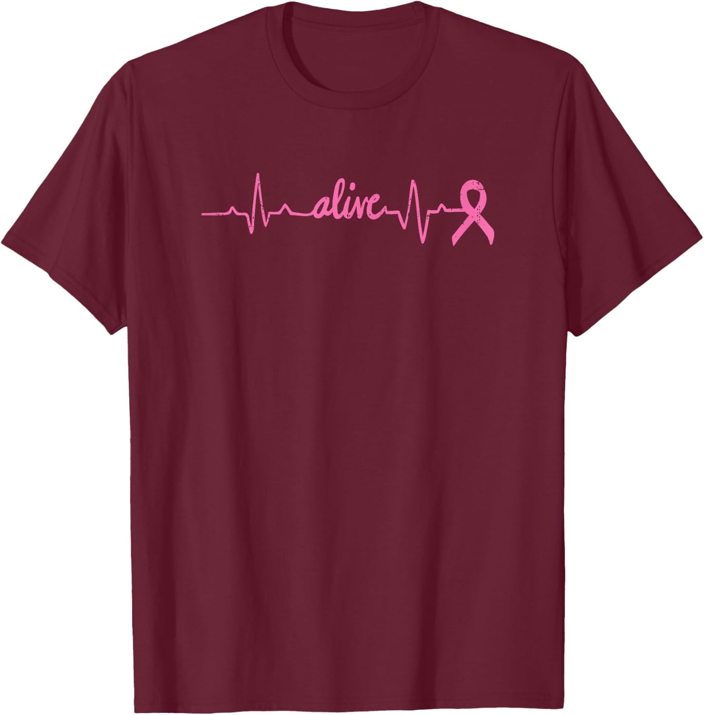 Alive Heartbeat Pink Ribbon Breast Cancer Awareness Gift T-Shirt - T-Shirt | Maroon
