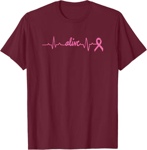 Alive Heartbeat Pink Ribbon Breast Cancer Awareness Gift T-Shirt - T-Shirt | Maroon