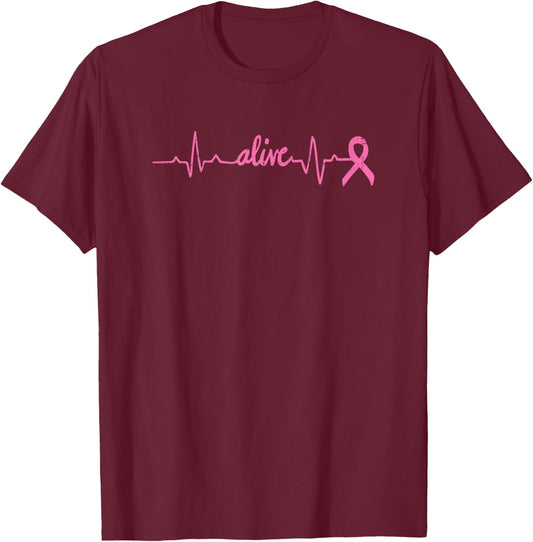 Alive Heartbeat Pink Ribbon Breast Cancer Awareness Gift T-Shirt - T-Shirt | Maroon