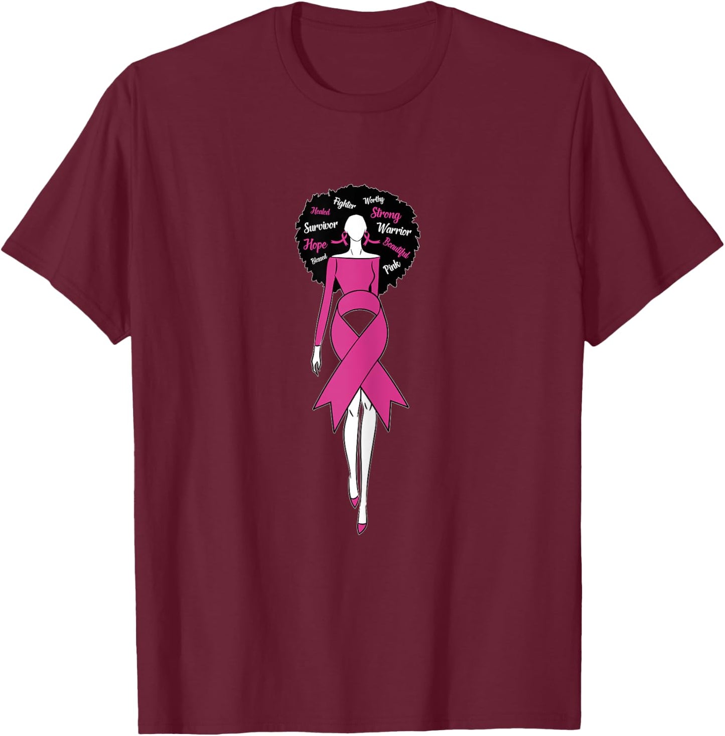 Afro Black Woman Pink Ribbon Dress Breast Cancer Awareness T-Shirt - T-Shirt | Maroon