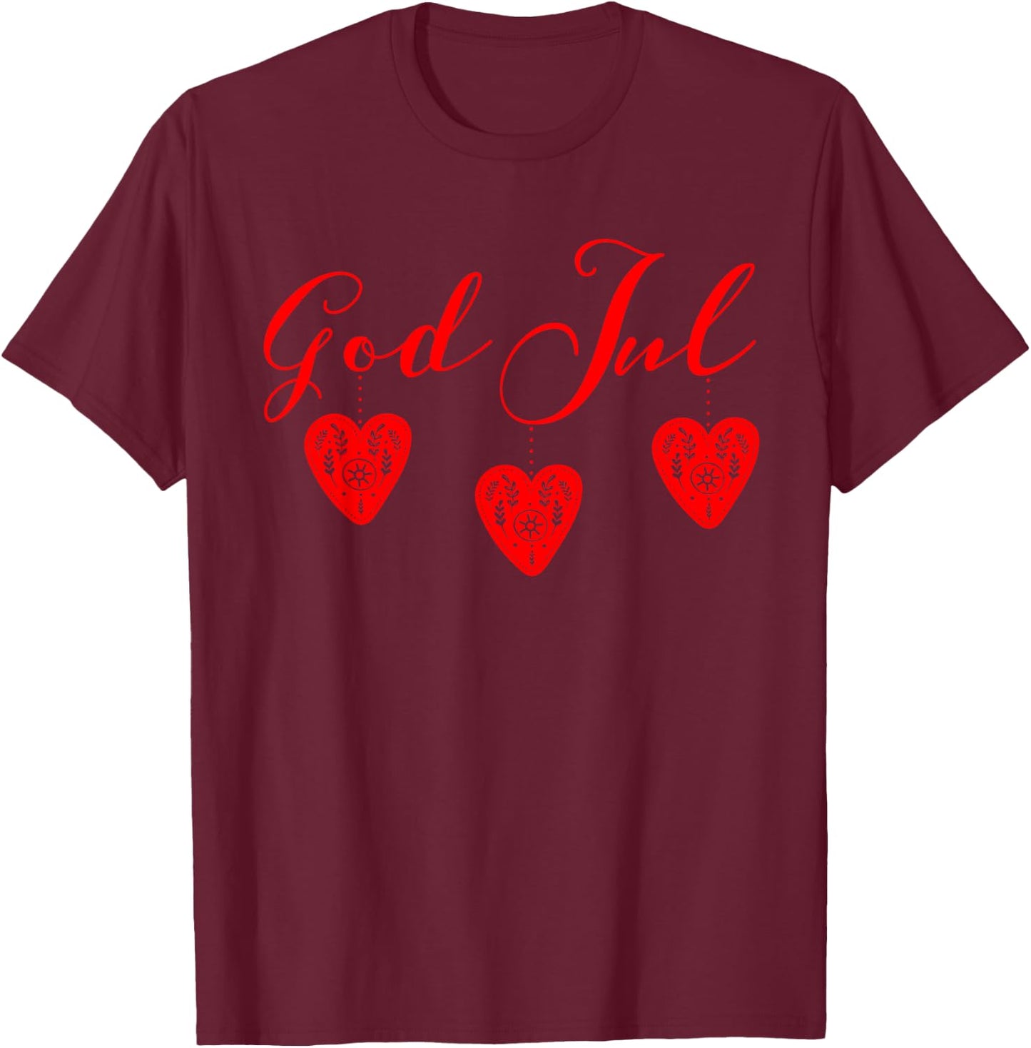God Jul Merry Christmas Sweden Norway Red Hearts T-Shirt - T-Shirt | Maroon