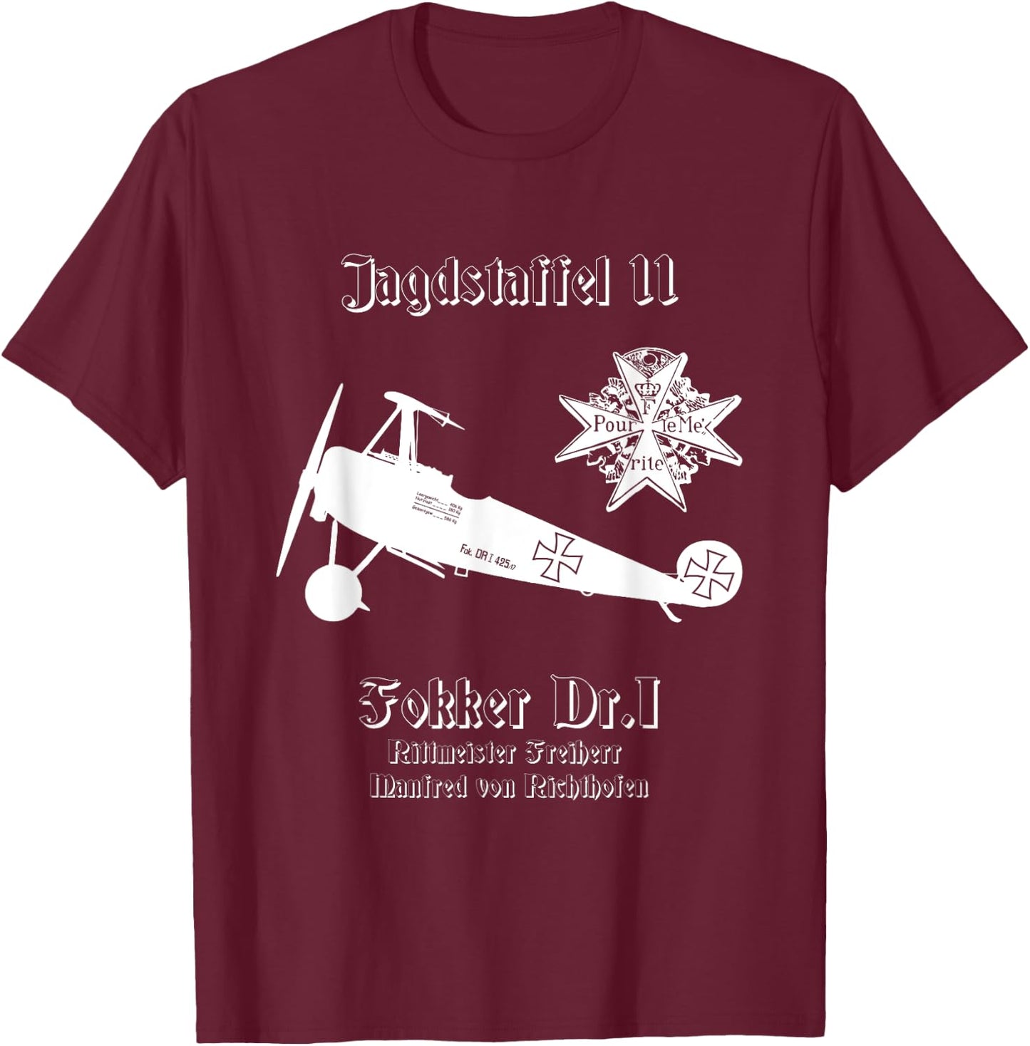 Jasta 11 Fokker DR.I German Triplane Dreidecker Richthofen T-Shirt - T-Shirt | Maroon