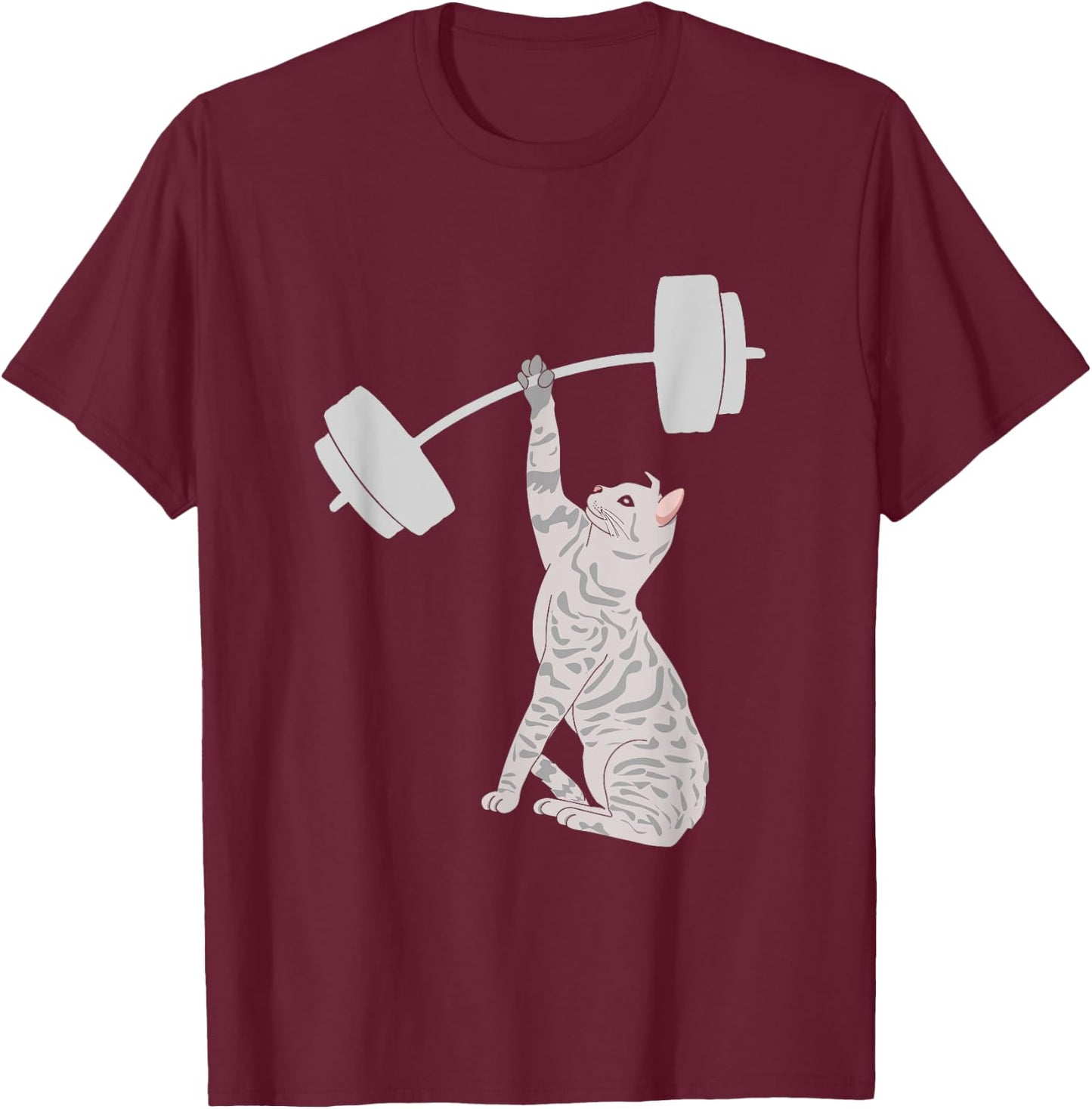 Cat Deadlifting Funny Fitness Gym Lover Cat BarBell T-Shirt - T-Shirt | Maroon