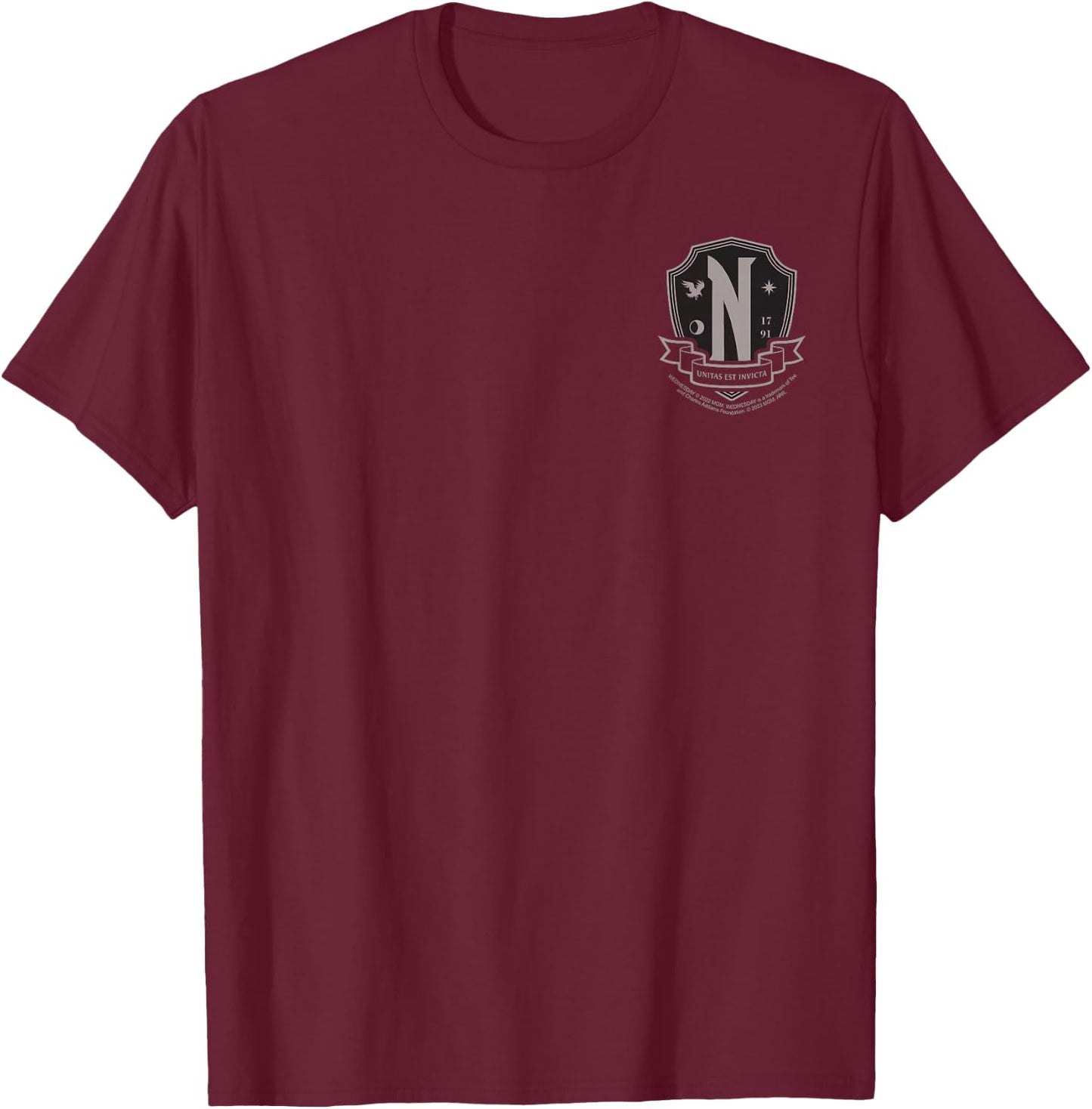 Wednesday Halloween Nevermore Crest Pocket Logo Costume Alt T-Shirt - T-Shirt | Maroon