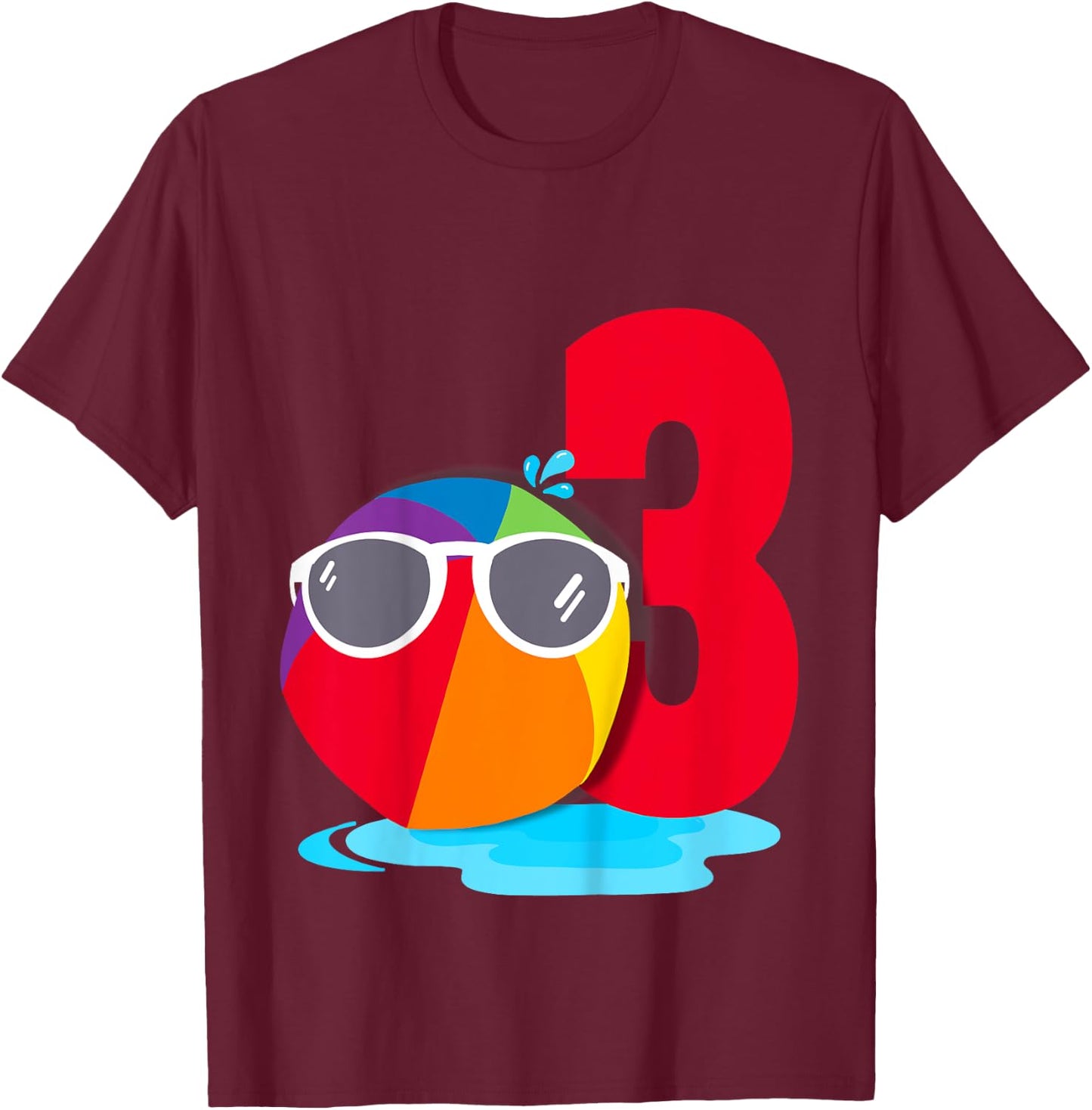 Beach Ball Sunglasses Birthday Shirt 3 Year Old Pool Party T-Shirt - T-Shirt | Maroon