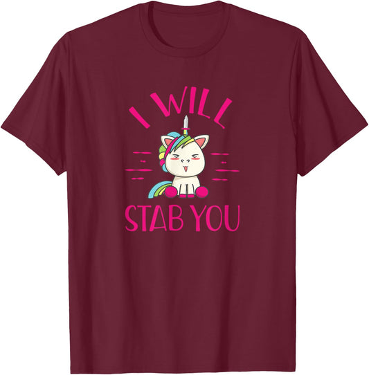 Evil Unicorn I Will Stab You Funny Novelty Rainbow T Shirt T-Shirt - T-Shirt | Maroon