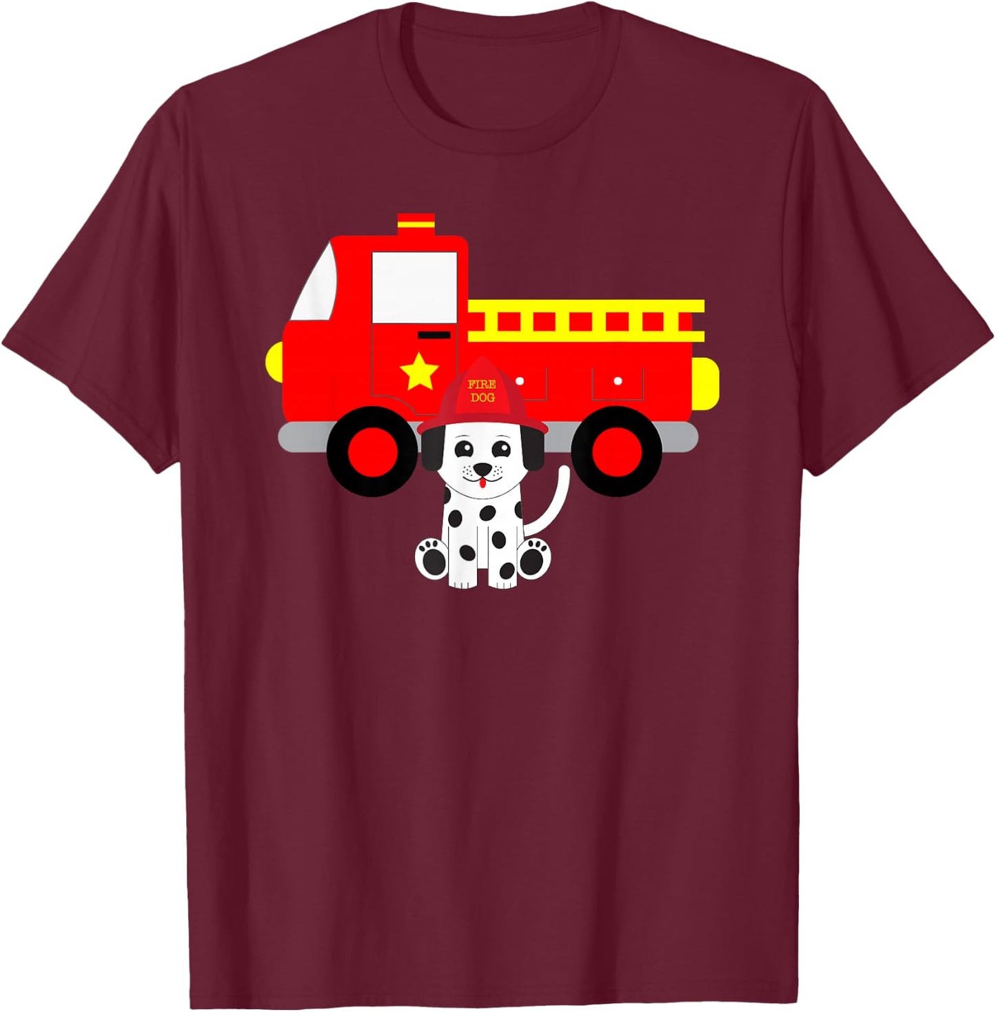 Firetruck and Dalmatian Firefighter Fire T-Shirt - T-Shirt | Maroon