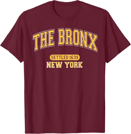 The Bronx New York Settled 1639 Vintage Sports Arched Yellow T-Shirt - T-Shirt | Maroon
