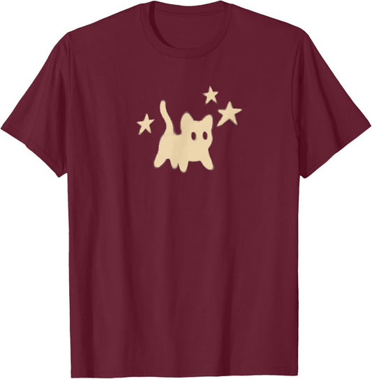 90s Y2K Scary Tomcat Cat is Scared under Starry T-Shirt - T-Shirt | Maroon