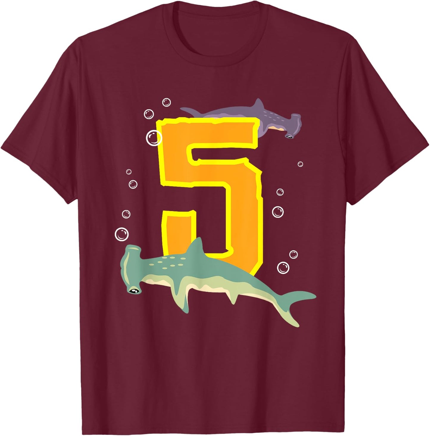 Hammerhead Shark Lovers 5 Year Old Kids Birthday T-Shirt - T-Shirt | Maroon