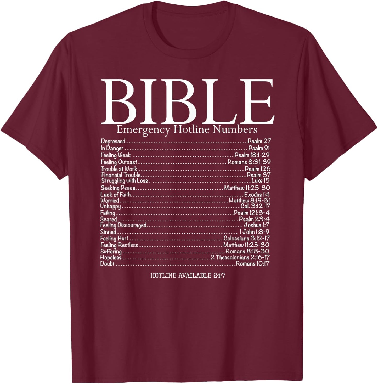 BibleLifestyle Bible Emergency Hotline Numbers , Adult, Black, Small, Short Sleeve, Classic Fit, Modern Classic, Bible Theme T-Shirt - T-Shirt | Maroon