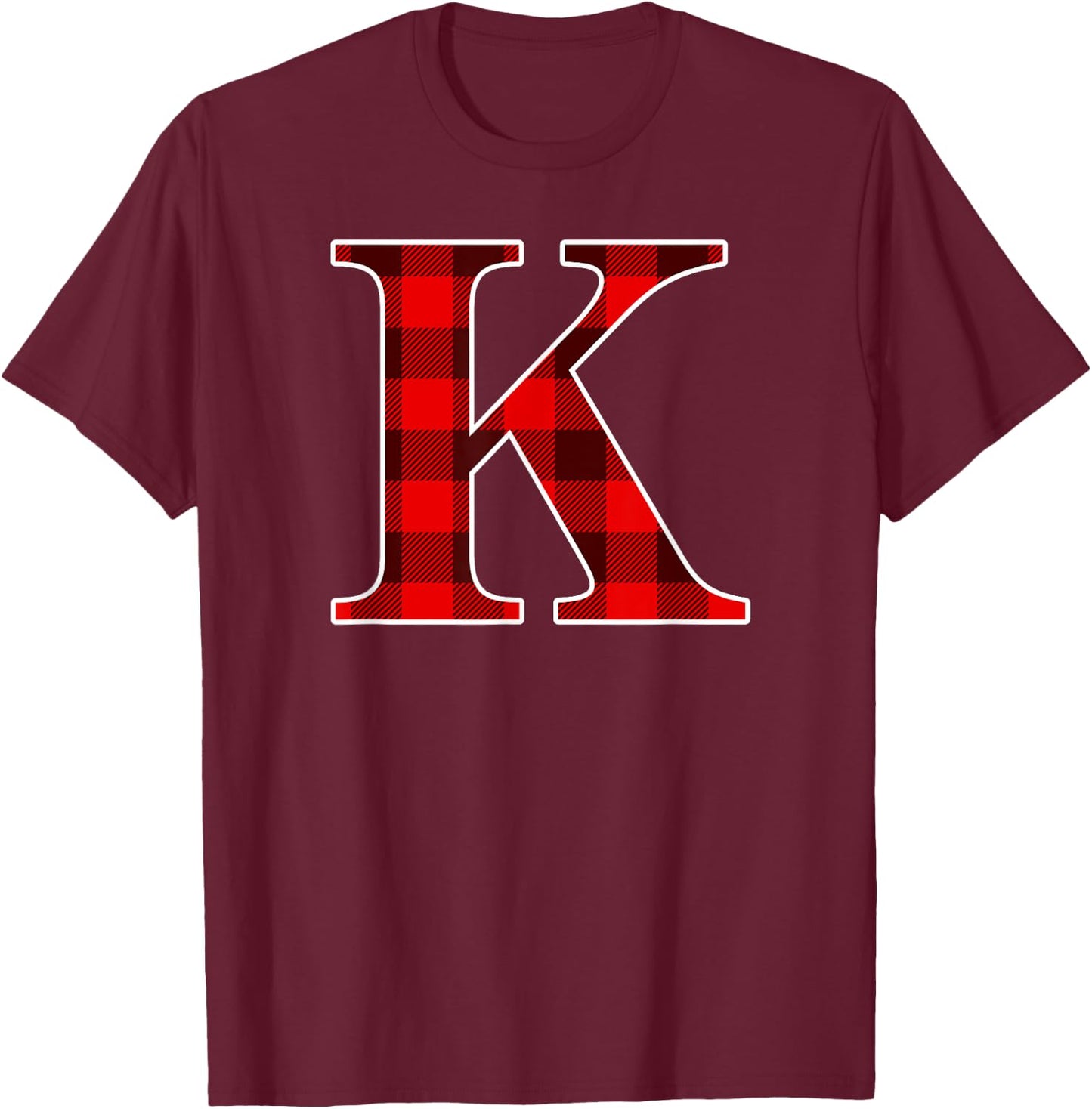Buffalo Plaid Monogram Letter K Matching Holiday T-Shirt - T-Shirt | Maroon