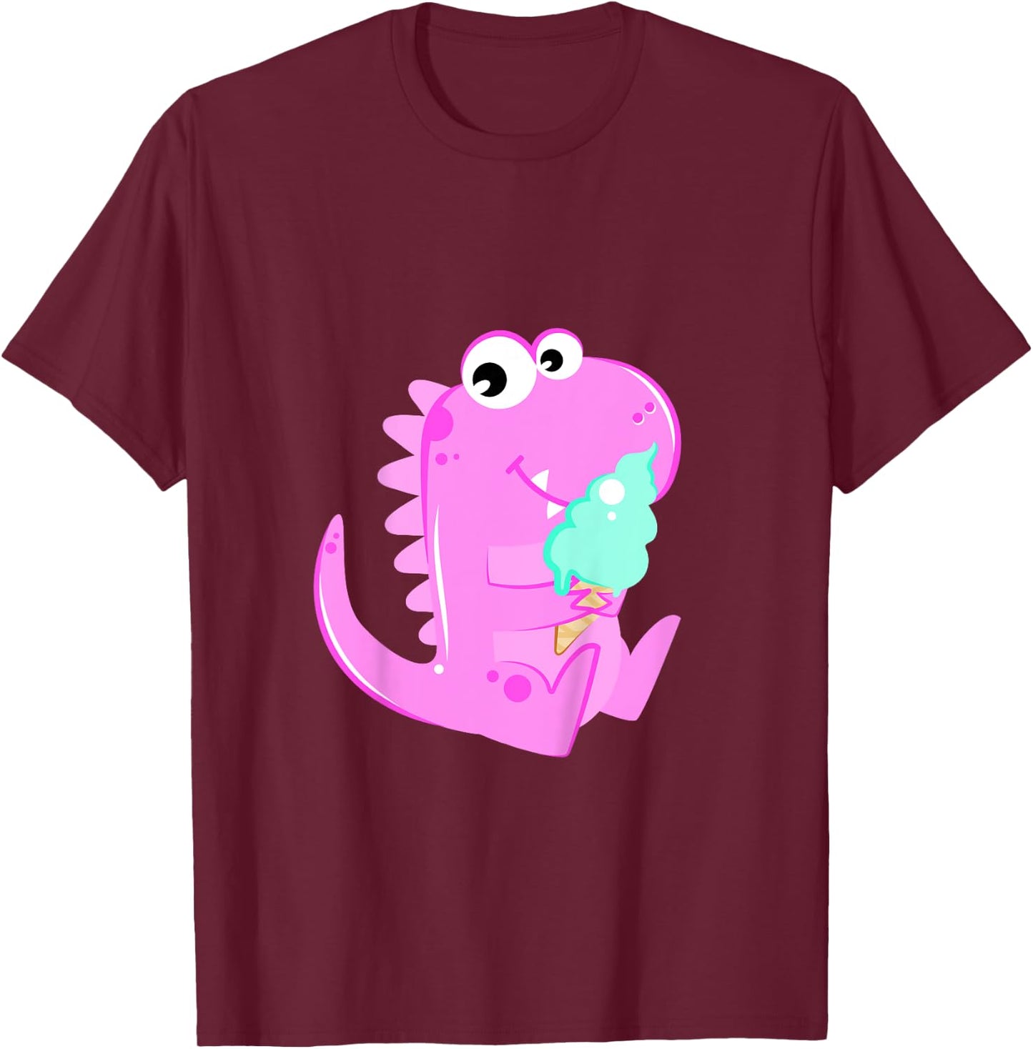 Pink Dinosaur Dino Eating Ice Cream For Girls T-Shirt - T-Shirt | Maroon