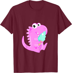 Pink Dinosaur Dino Eating Ice Cream For Girls T-Shirt - T-Shirt | Maroon