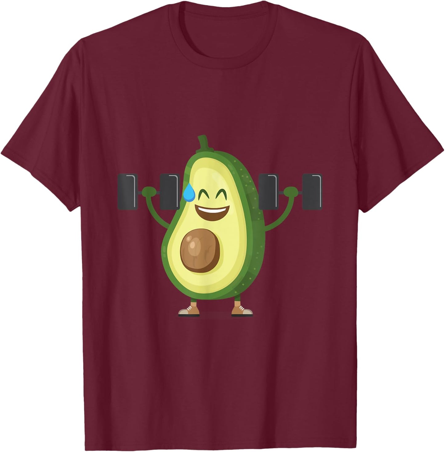 Happy Avocado Lifting Weights Workout, Funny Cartoon T-Shirt - T-Shirt | Maroon