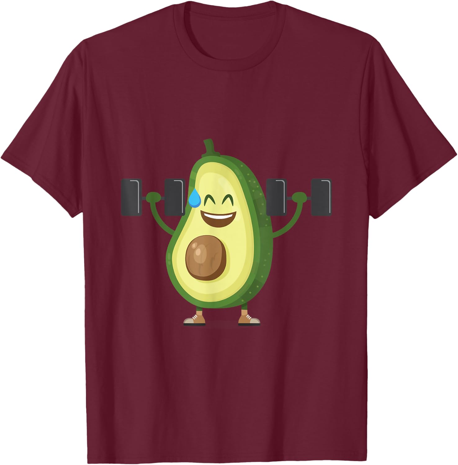 Happy Avocado Lifting Weights Workout, Funny Cartoon T-Shirt - T-Shirt | Maroon