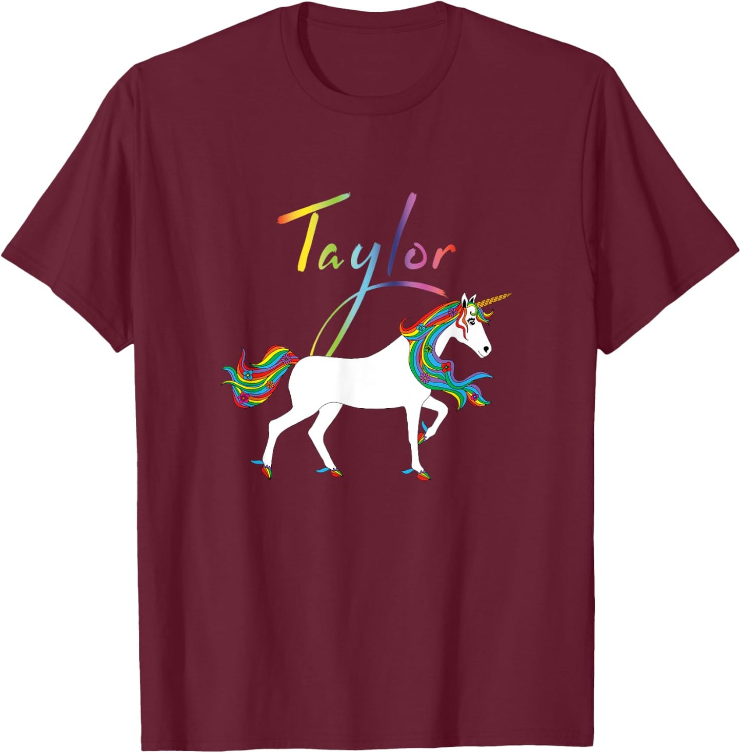 Taylor Personalized First Name Unicorn T-Shirt - T-Shirt | Maroon
