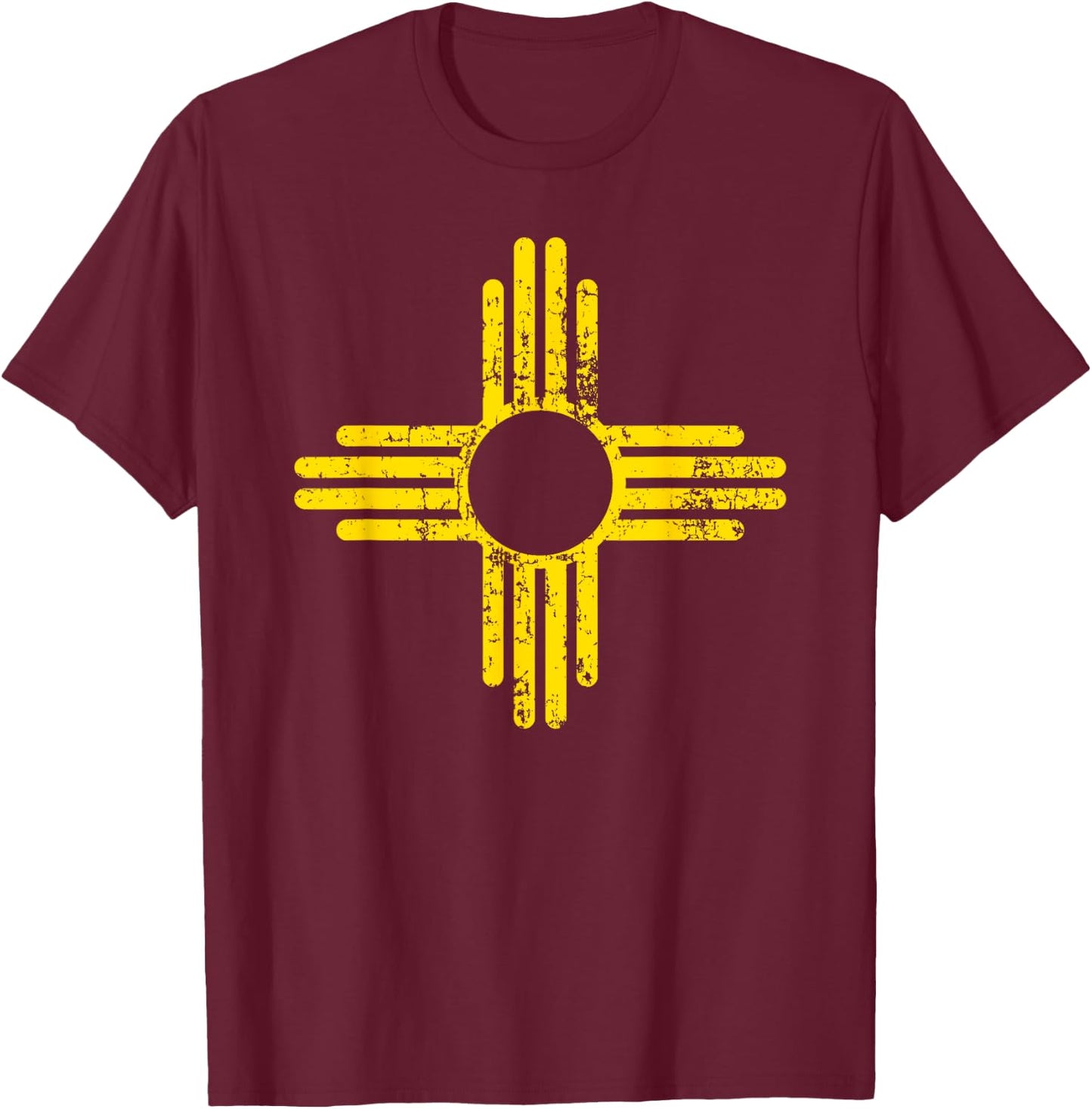 New Mexico Flag Shirt Distressed Yellow Zia Sun Alone Shirt T-Shirt - T-Shirt | Maroon