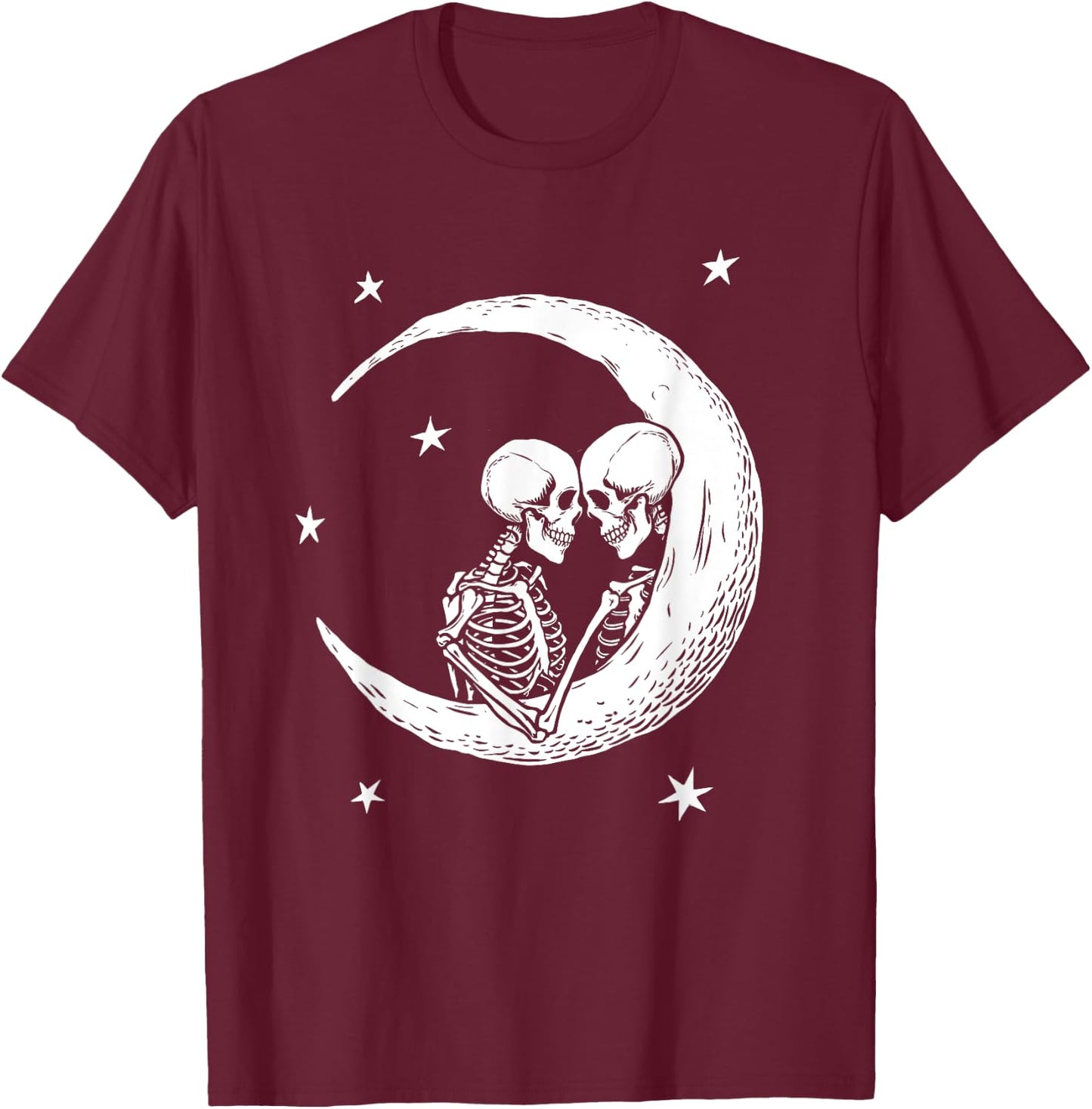 Two Skeletons In Love On The Moon Cute Fall Fashion T-Shirt - T-Shirt | Maroon