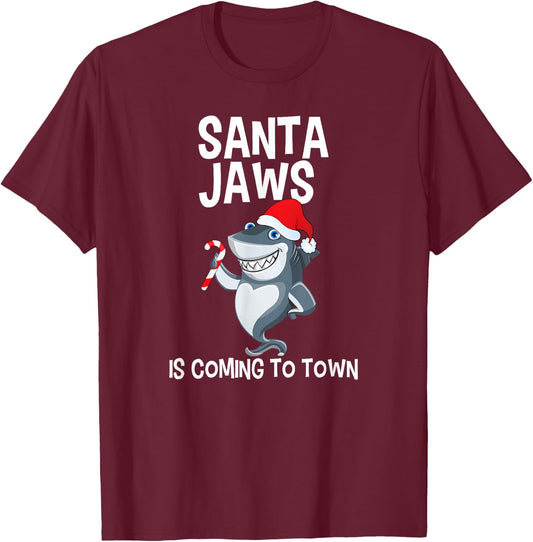 Santa Jaws Is Coming to Town Funny Christmas Shark T Shirt T-Shirt - T-Shirt | Maroon