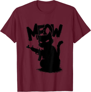 Funny Cat with Gun Meme Humor Design Men Women T-Shirt - T-Shirt | Maroon