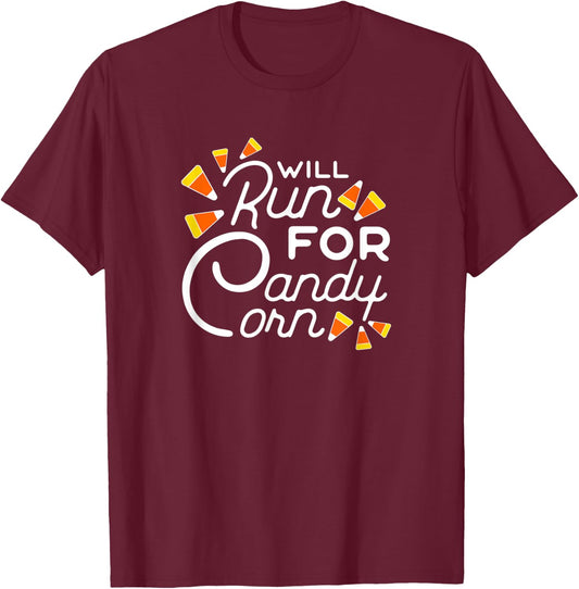 Will Run for Candy Corn Marathon Halloween Funny Running T-Shirt - T-Shirt | Maroon