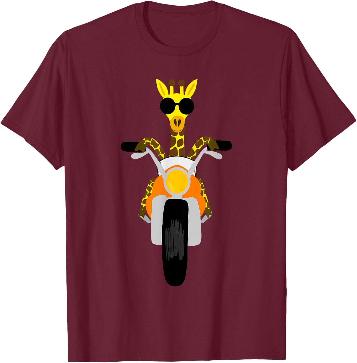 SouthernDesignTees Fun Giraffe Riding Motorcycle T-Shirt - T-Shirt | Maroon