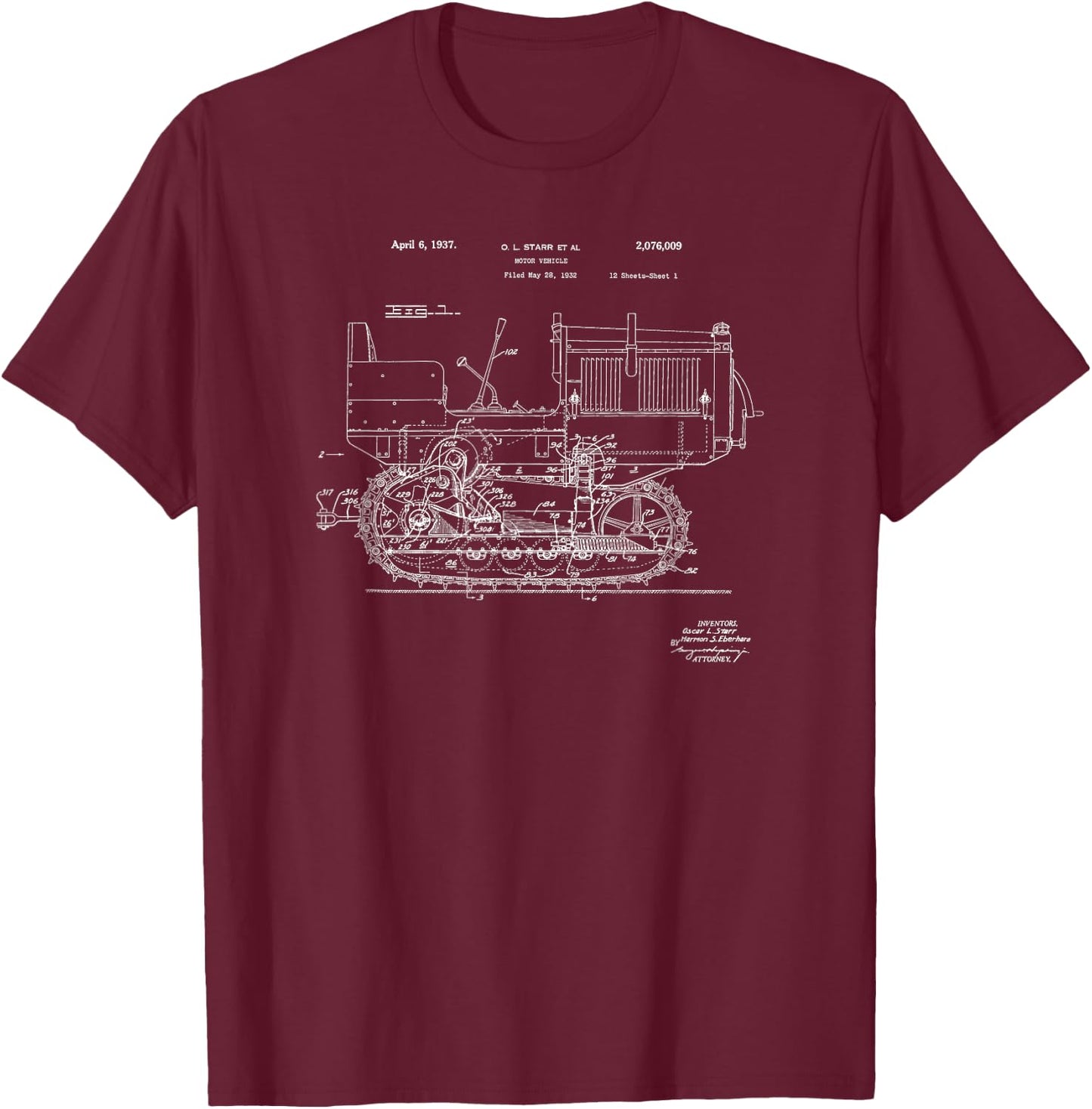 Vintage Patent Print 1937 Farm Crawler Tractor T-Shirt - T-Shirt | Maroon