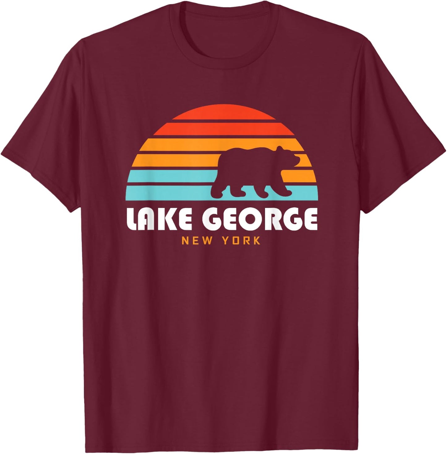 Lake George NY Adirondacks Retro Sunset Bear T-Shirt - T-Shirt | Maroon