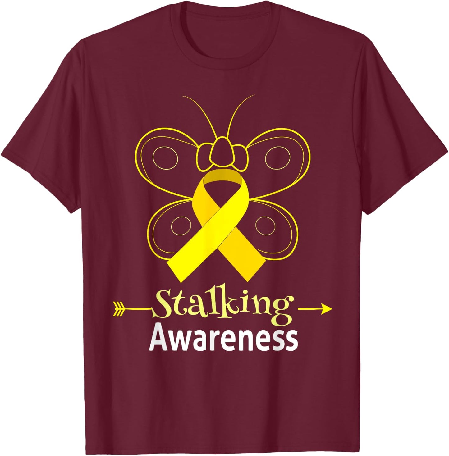 Butterfly Yellow Ribbon Stalking Awareness Shirt Stalking T-Shirt - T-Shirt | Maroon