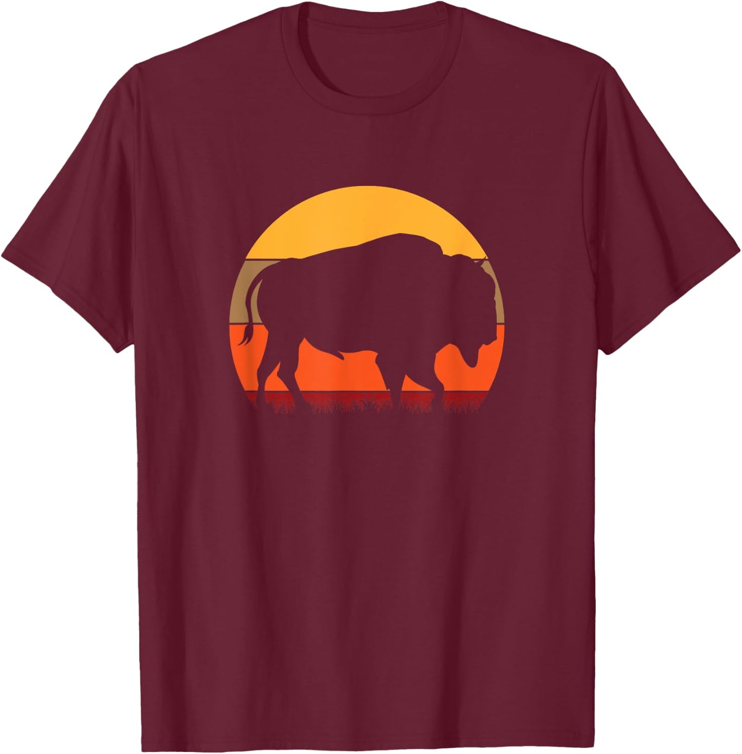 Bison - Great American Buffalo With A Vintage Retro Sunset T-Shirt - T-Shirt | Maroon