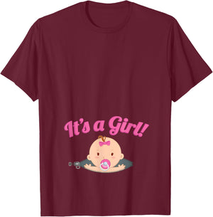 Pregnancy Shirt, It's A Girl! Baby Peeking Out, Zany Brainy T-Shirt - T-Shirt | Maroon