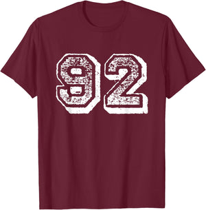 Number 92 Sports Jersey Player #92 Fan FRONT Print Vintage T-Shirt - T-Shirt | Maroon