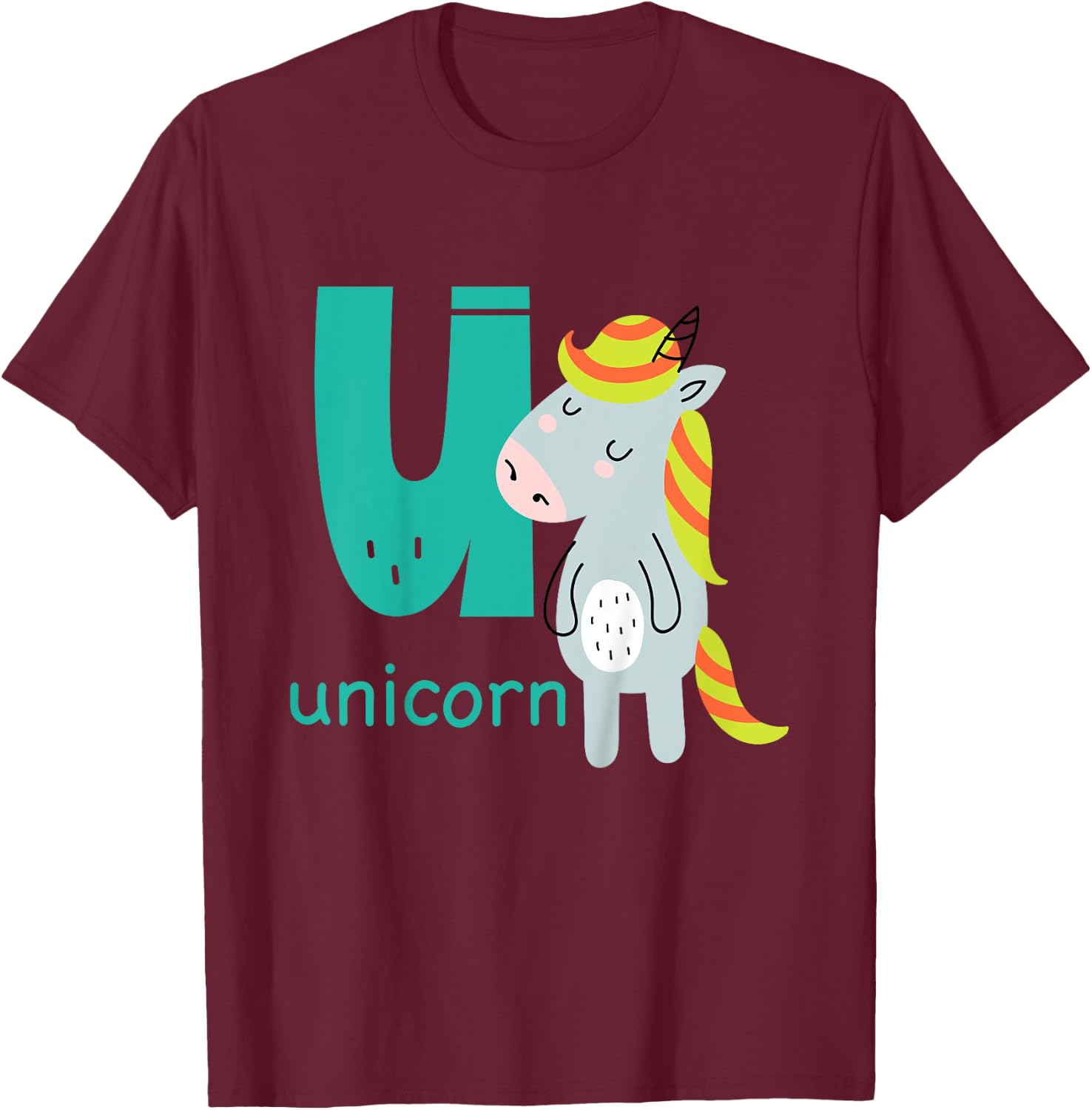 Unicorn Letter U Alphabet Cute Animal Boys Or Girls T-Shirt - T-Shirt | Maroon