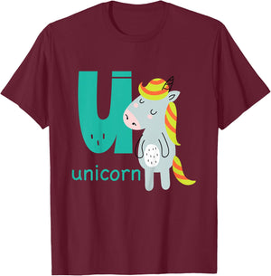 Unicorn Letter U Alphabet Cute Animal Boys Or Girls T-Shirt - T-Shirt | Maroon